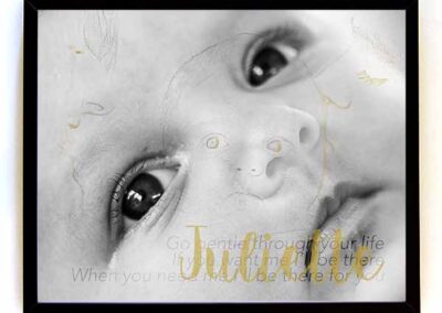 persoonlijke grafische kunst met caracter ingelijst goud geboorte carine braakenburg van backum baby kraam cadeau wanddecoratie kunstwerk double exposure